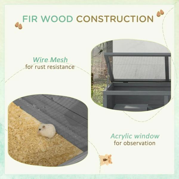 Grey wooden hamster cage with wire mesh and acrylic viewing window for observation
