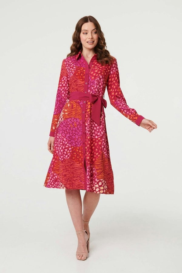 Pink | Printed Long Sleeve Collared Midi Dress
