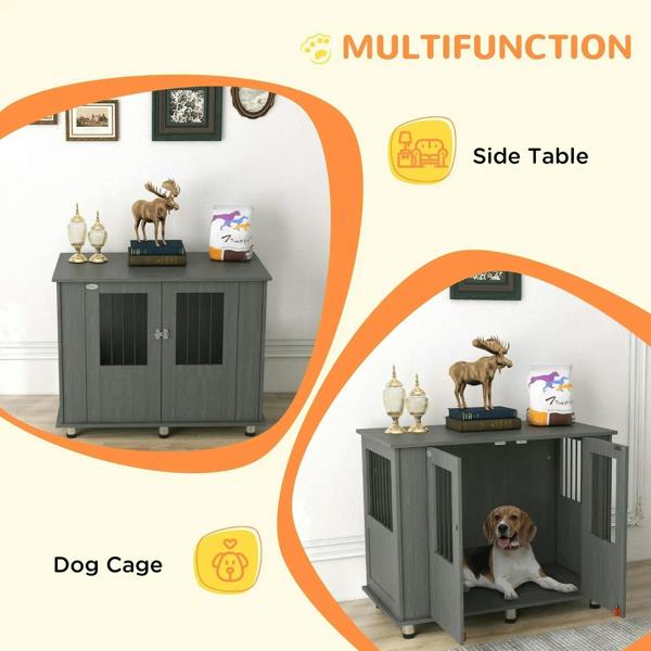 Grey dog crate table with multifunction use as side table, dog cage infographic.