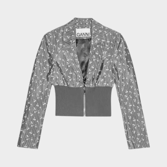 GANNI Jacquard Cropped Blazer Smoked Pearl Grey