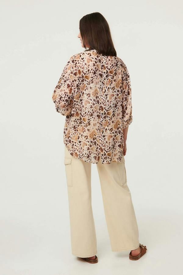 Beige | Animal Print 3/4 Sleeve Blouse