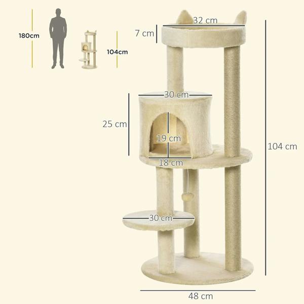 Cream cat condo tree with round base platform, side ladder post, and top perch