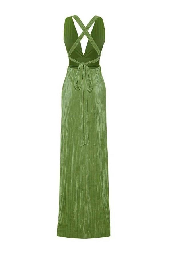 WOVCOR A-Line Belted Lined Knitted Long Elegant Evening Dress