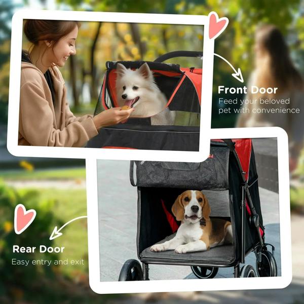 Red-and-black pet stroller with front and rear access doors for dogs.