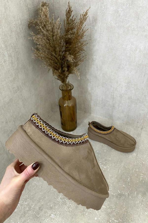 Jolene Aztec Detail Low Ankle Platform Slipper Boots - Camel
