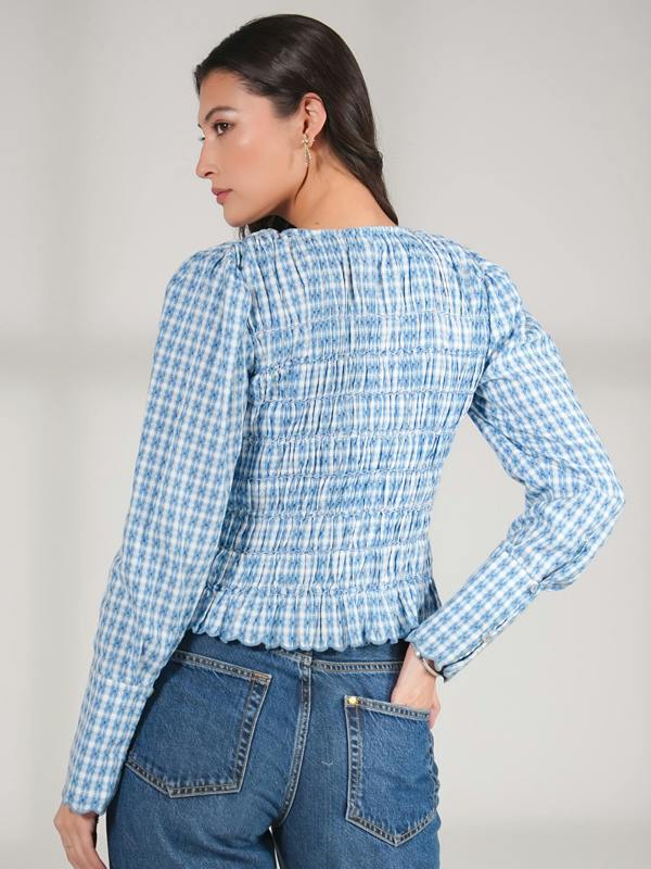 Rose & Nancy Mary Blue Gingham Check Smocked Blouse