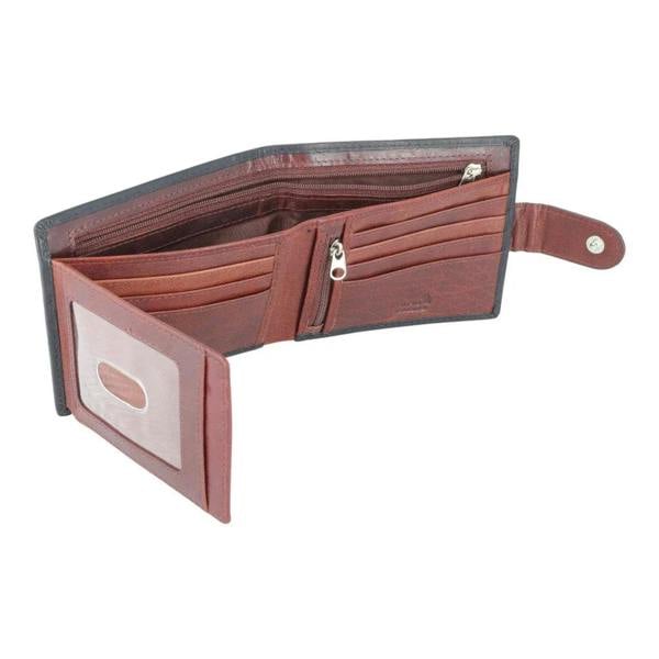 Open black leather wallet with a white card holder on a white background