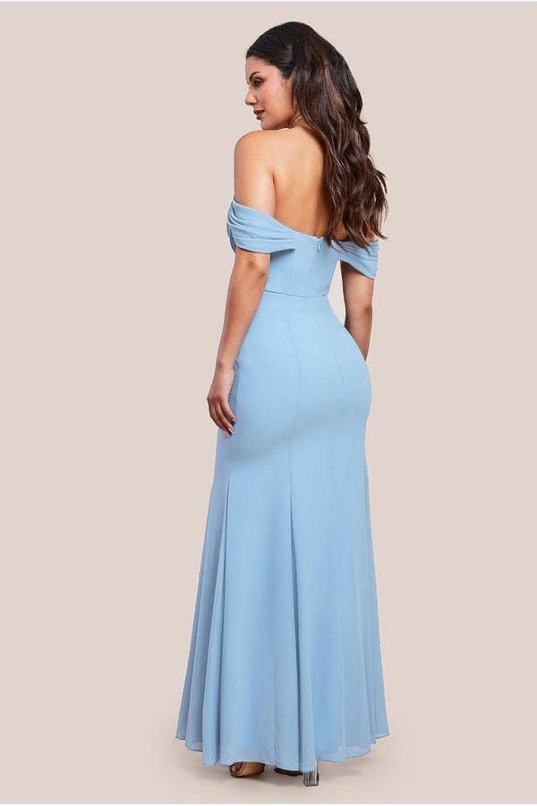 Chiffon Bardot Cowl Neck Maxi Dress - Duskyblue DR2781A