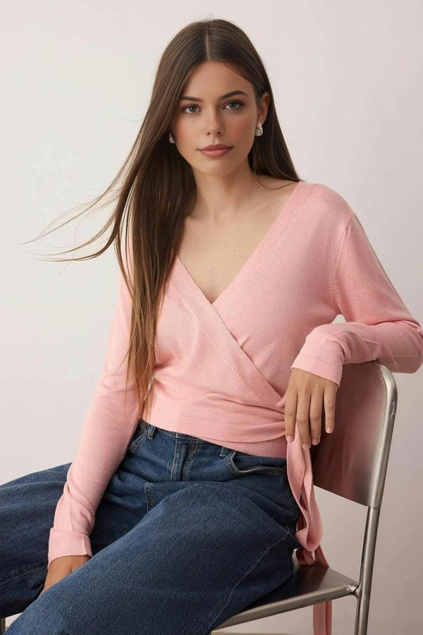 WOVCOR Wrap Neck Crop Top Thin Knit Sweater with Tie Detail