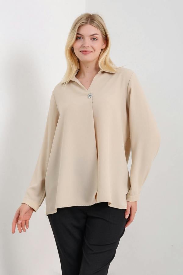 Hoxton Gal Oversized Long Sleeves Blouse with Brooch Details in Beige