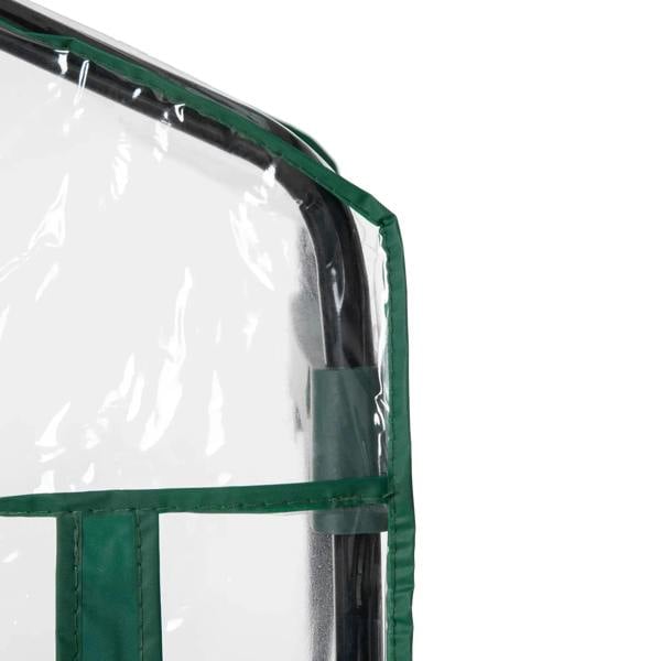 Clear cover corner with green frame and reinforced edge on mini greenhouse