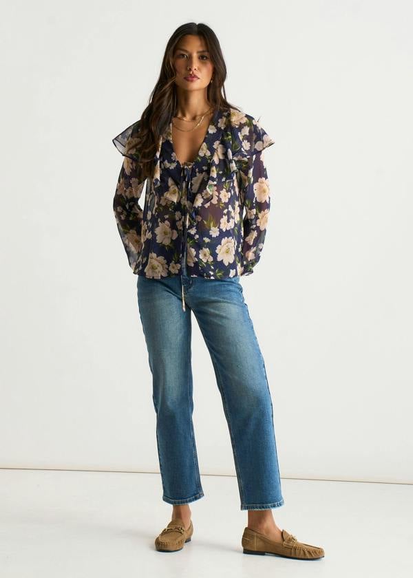 Gini London Navy Floral Ruffle Front Blouse