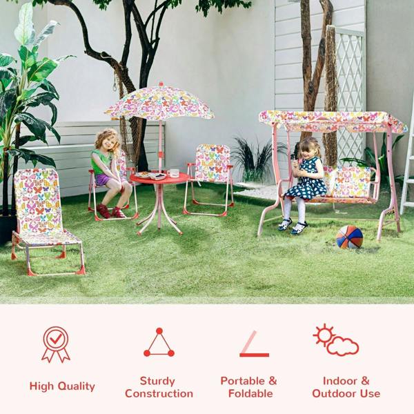 Kids bistro table and chairs set with butterfly umbrella canopy and two patterned chairs