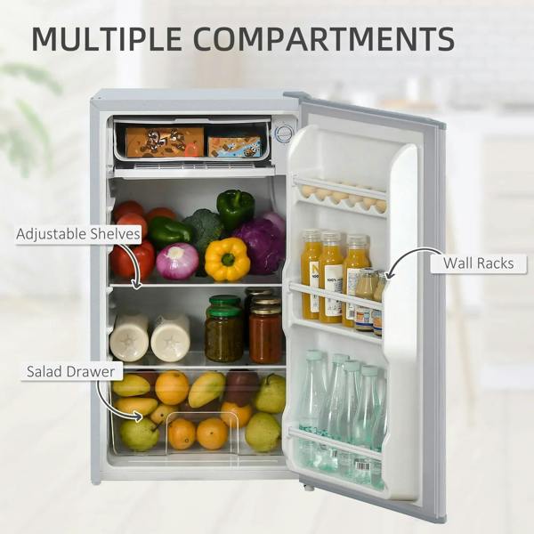 Fridge freezer door open, multiple compartments with adjustable shelves and bottle racks