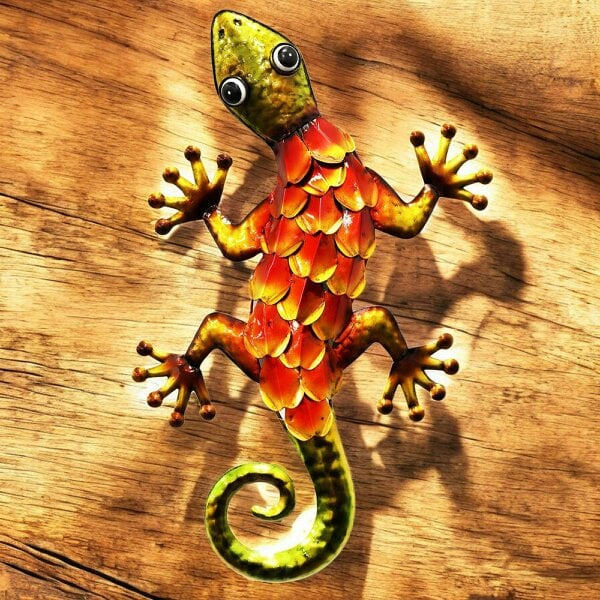 EDH Door Hardware Metallic Orange Gecko Wall Art – 39 x 18 x 3.2 CM | Hand-Painted Metal Lizard