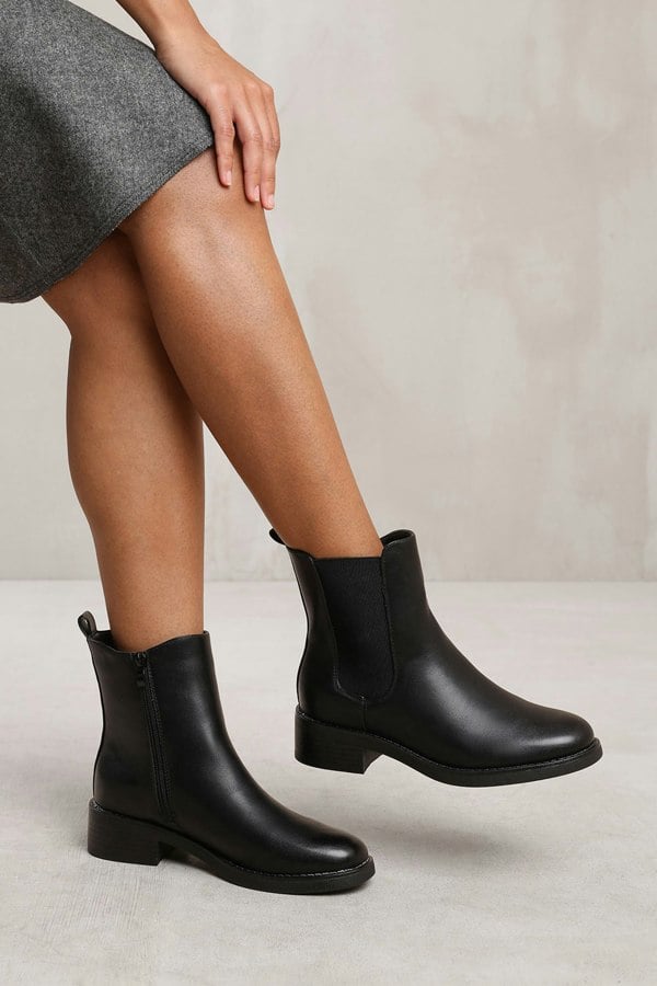 Where's That From Olivia Wide Fit Ankle Boot With Elastic Panel and Side Zip in Black Faux Leather