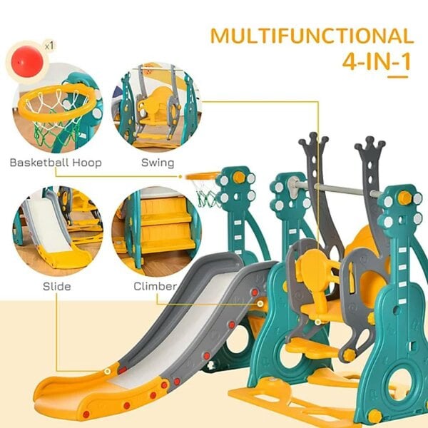 HOMCOM 3 in 1 Kids Swing and Slide Set Activity Centre with Basketball Hoop - 331-015