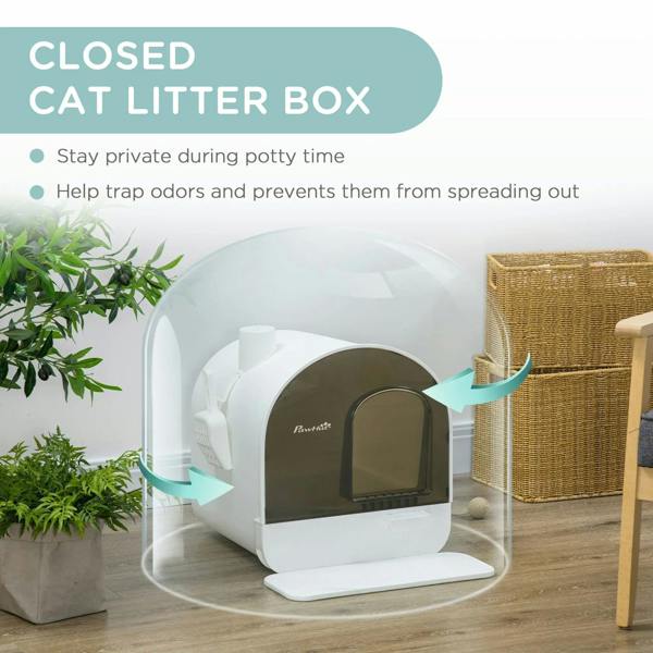 White hooded cat litter box with closed design and flap door entrance