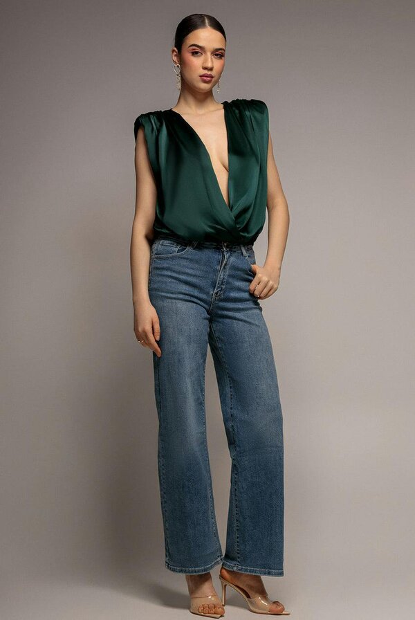 Goddiva Satin Wrap Style Top With Shoulder Pad - Emerald Green by Goddiva