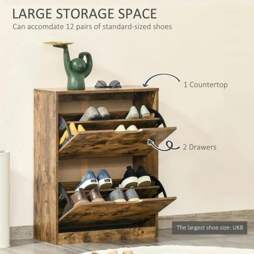 Bobobiy Industrial Shoe Cabinet with 2 Flip Drawers, Narrow Shoe Storage Cabinet for 12 Pairs, Rustic Brown