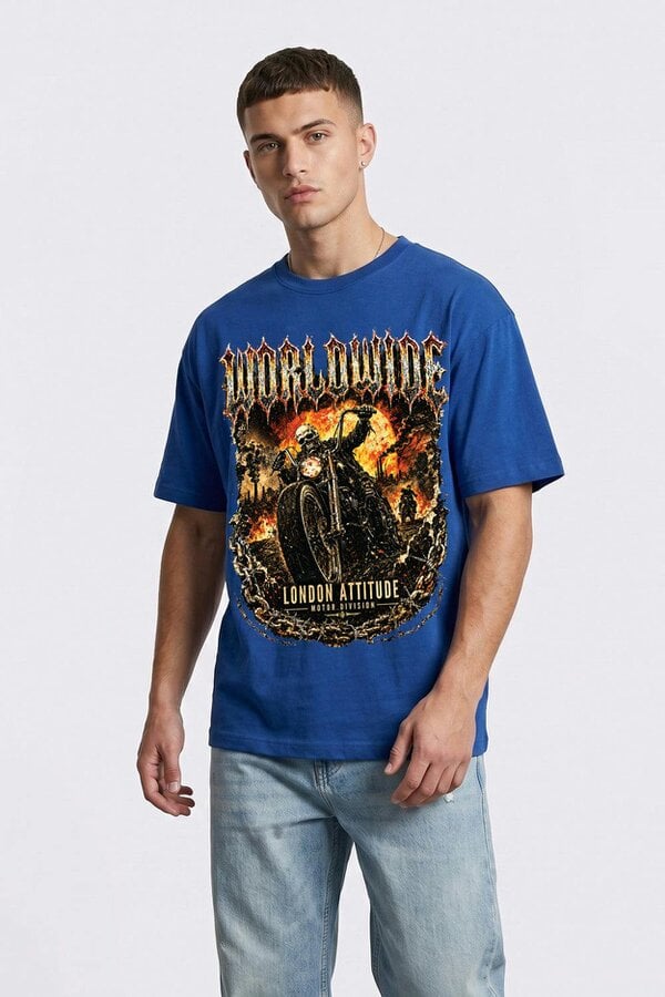 London Attitude Worldwide Skull Biker Oversized Heavyweight Graphic T-Shirt - Deep Royal Blue