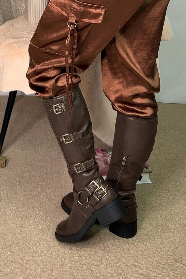 XY LONDON Harness square toe Knee High Biker Boots
