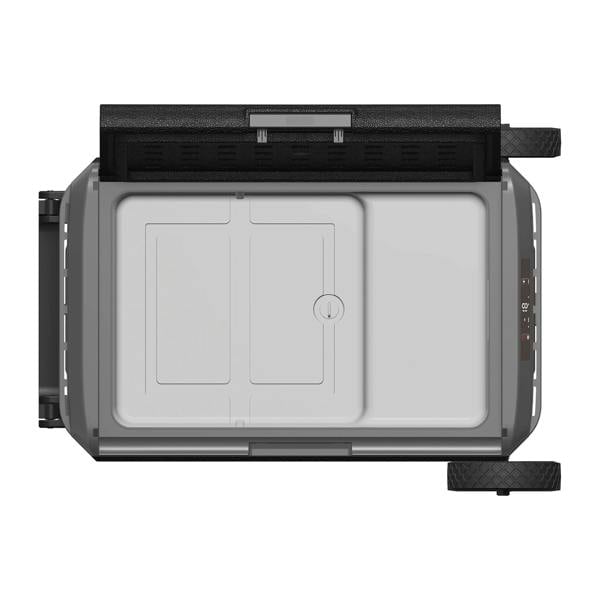 Top-down view of the Igenix 50L Portable Fridge Freezer in black, featuring two large wheels, an opposite handle, and a central closed lid—perfect as a camping fridge for outdoor adventures.