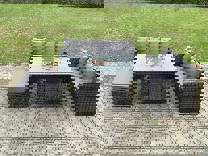 Fimous PE Wicker Outdoor Rattan Garden Furniture Set Propane Gas Fire Pit Table and Sofa set with Big Footstool