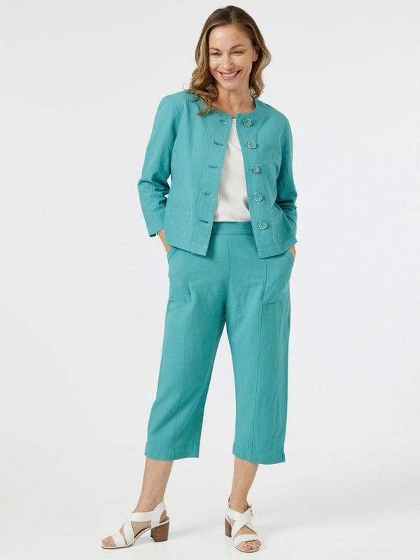 PennyPlain Linen Blend Cropped Trousers - Sea Green