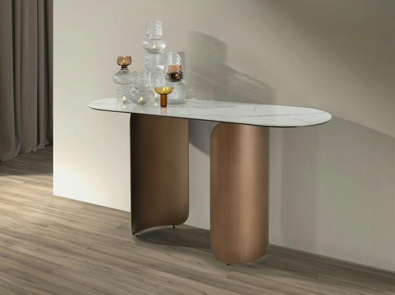Angel Cerdá Oval Half-round Console Table in Porcelain Marble and Bronze-coloured Steel 3286