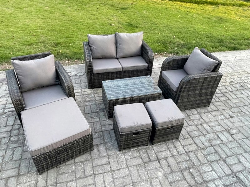 Fimous Wicker PE Rattan Outdoor Furniture Set Garden Love Sofa Coffee Table 2 Armchair 3 Footstools Dark Grey Mixed