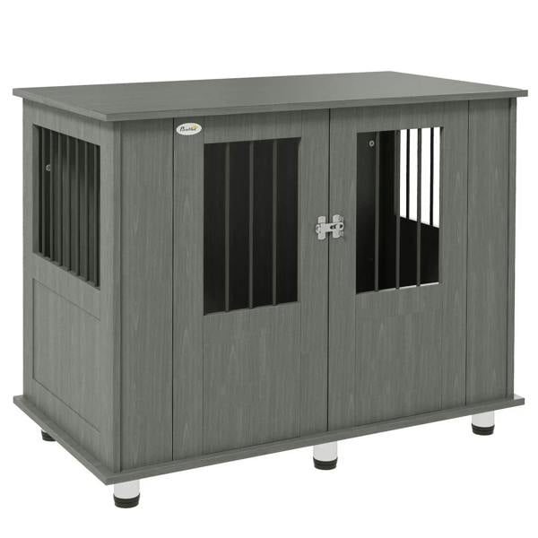 Grey dog crate table with magnetic door and barred sides, top tabletop and lock latch.