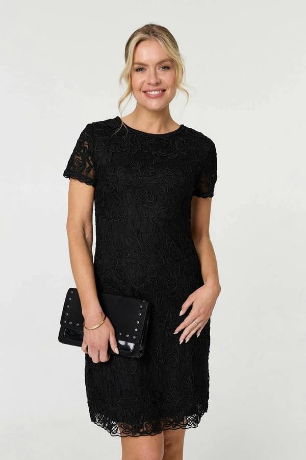 Black | Floral Lace Layer Knee Length Dress
