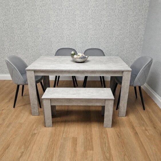 Kosy Koala Light Stone Grey Effect Dining Table Set with 4 Grey Velvet Chairs & Bench, 140x80x75cm