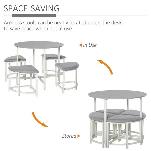 Grey round dining table with four matching armless stools that tuck underneath