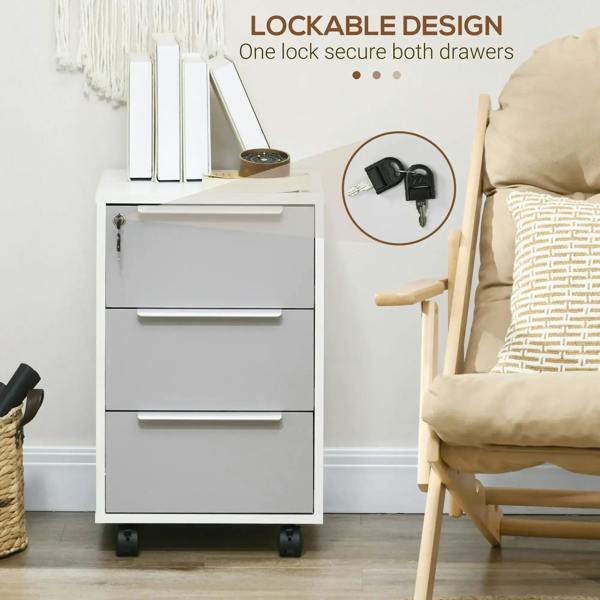 Locking filing cabinet with one key securing both drawers; white body and grey drawer fronts