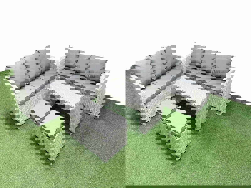 Fimous Outdoor Garden Furniture Sets 8 Seater Wicker Rattan Furniture Sofa Sets with Oblong Coffee Table high Back Lounge Sofa Stools Light Grey