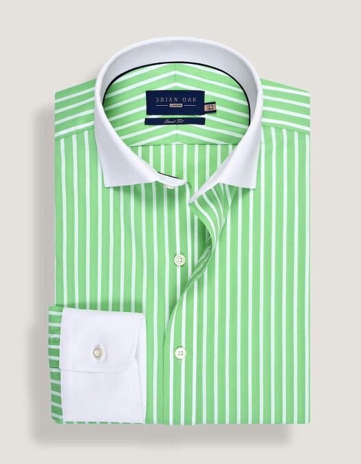 Men's Light Green Striped Shirt with Contrast Collar & Cuffs