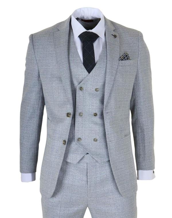 Infinity Leather Men's Light Blue Plaid Check 3 Piece Slim Fit Formal Wedding Suit