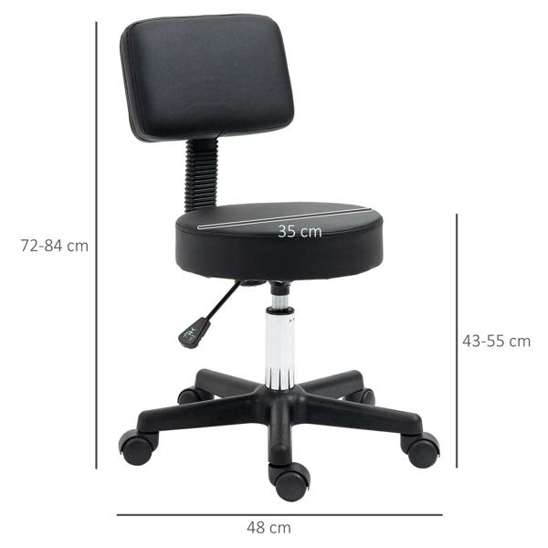 Black salon swivel chair with padded seat and backrest, size dimensions shown