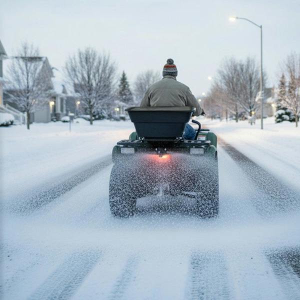 ATV mounted spreader in winter, dispersing material on snowy road, with a person wearing a winter coat and hat driving