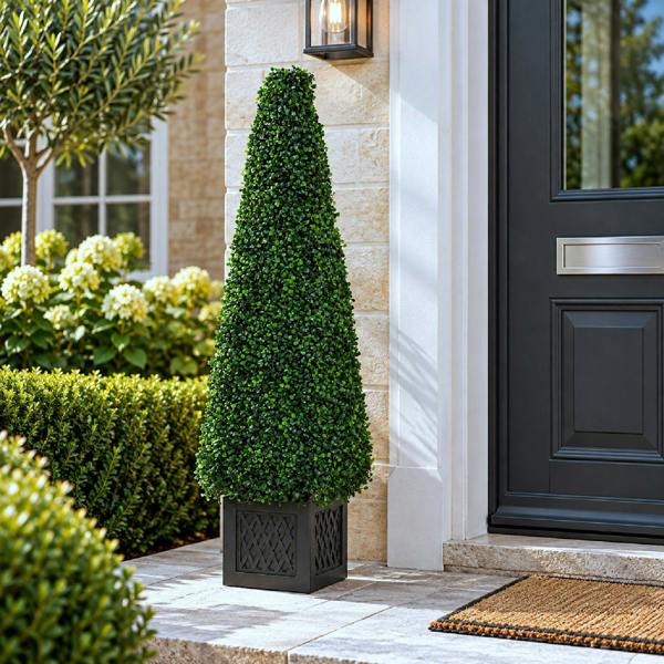 True Products 120cm Artificial Boxwood Obelisk Topiary Tree with Pot - UV Resistant