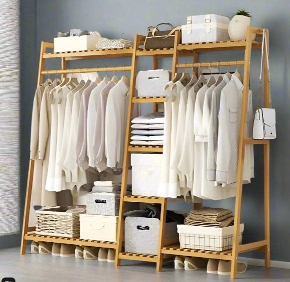 Modcraft Bamboo Garment Rack with 2 Hanging Rods & 5 Tier Storage Shelves – Natural Wood Finish