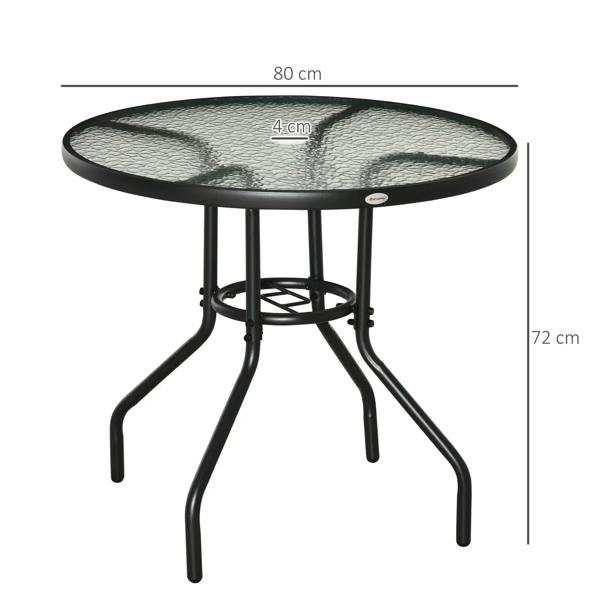 Black round bistro table with tempered glass top and center umbrella pole hole