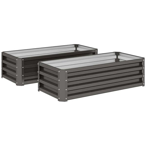 Set of two dark grey steel planter boxes with open slatted sides and support feet