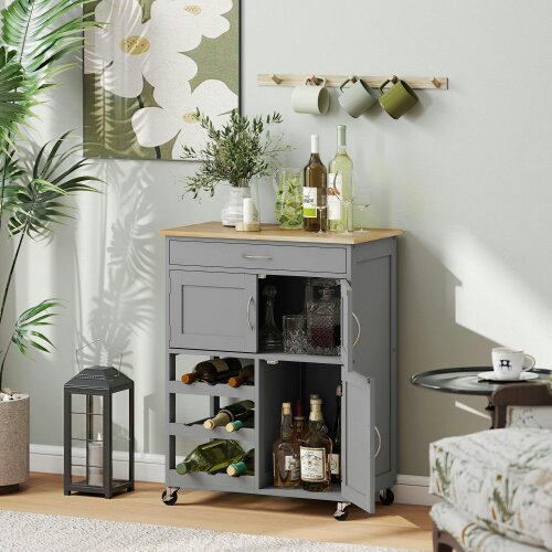 Wyld Haus Lehari Grey Wooden Rolling Kitchen Island With Drawer Wine Rack Door Cabinets And Natural Wood Top
