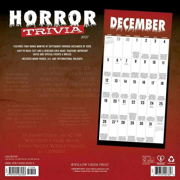 Horror Trivia Calendar 2027, Wall Calendars, Month To View, Entertainment, Gift