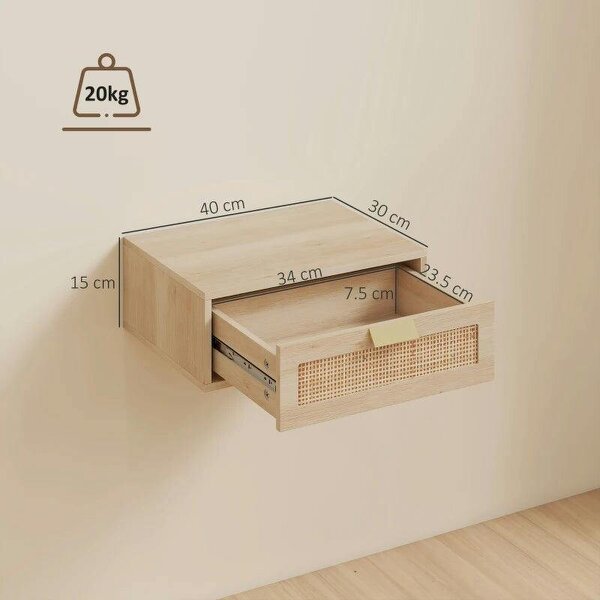 Floating Bedside Tables Set of 2, Wall Mounted Bedside Cabinets with Rattan Drawer and Wood Effect, Oak
