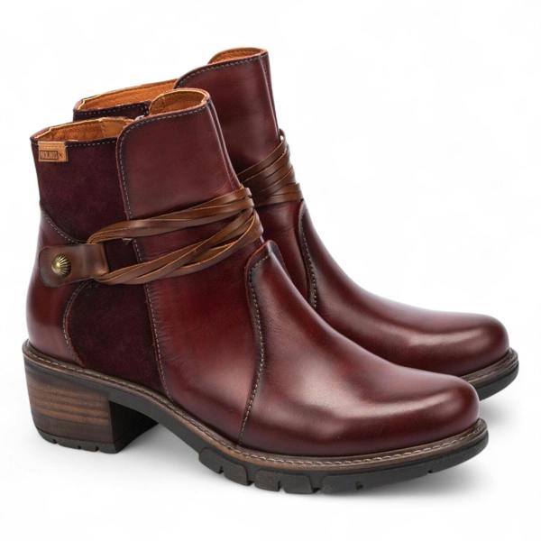 Pikolinos Women’s Arcilla Red Leather Zipped Heel Ankle Boots - San Sebastia