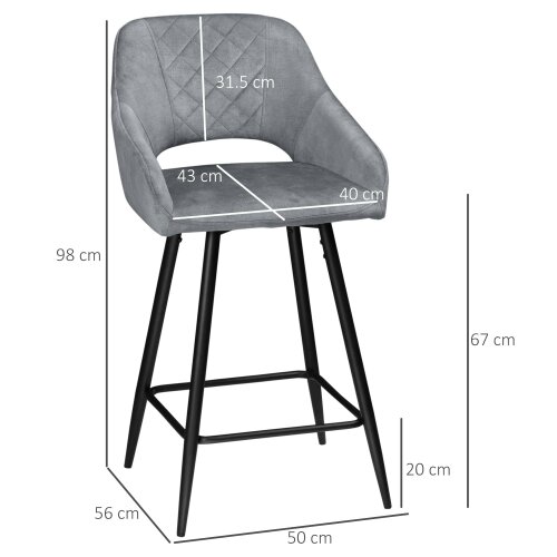 Wyld Haus Zire Set Of 2 Grey Velvet Fabric Counter Bar Chairs With Steel Legs